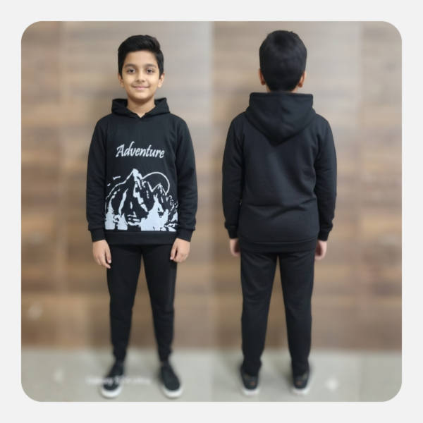 wholesale boys' black adventure tracksuit – mountain print hoodie and joggers set bulk supply