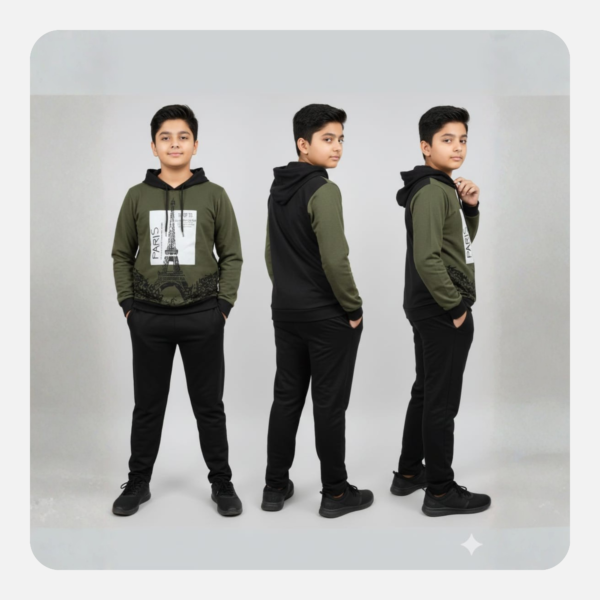 wholesale boys' olive green paris tracksuit – premium hoodie and joggers set (bulk supply)