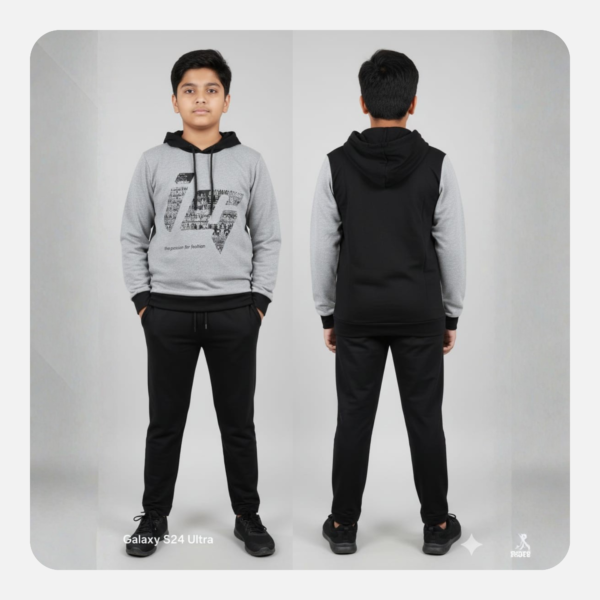 wholesale boys' grey and black tracksuit – long sleeve graphic hoodie and joggers set (bulk supply)