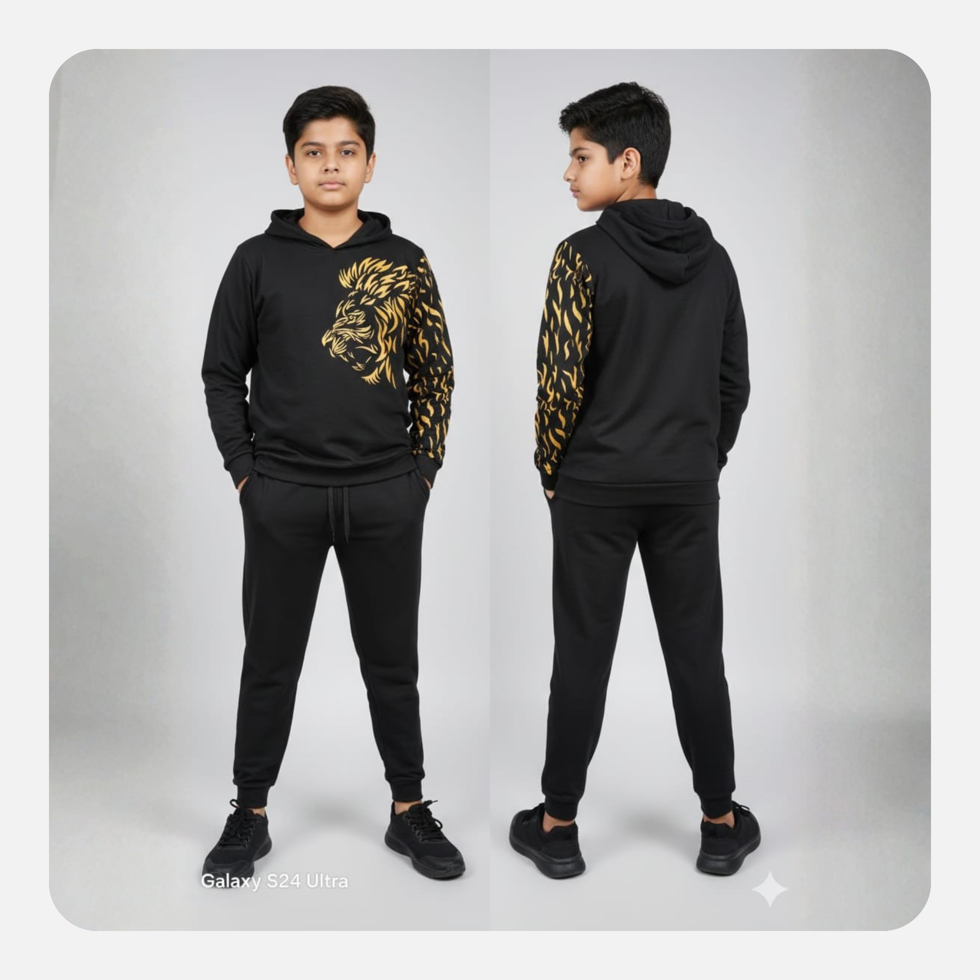 wholesale boys' black hoodie & joggers set – gold lion print cotton tracksuit (bulk supply)