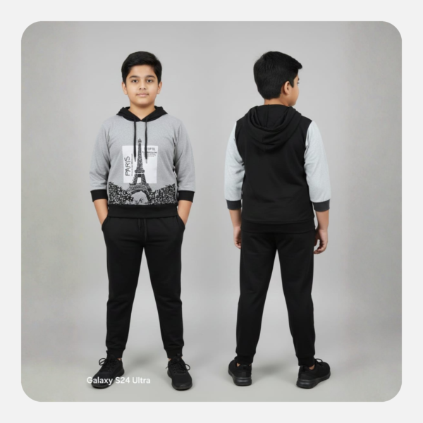 wholesale boys' paris print tracksuit – grey and black hoodie with matching joggers (bulk supply)