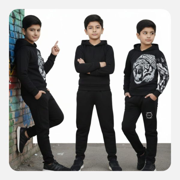 wholesale boys' black cotton tracksuit – tiger print hoodie and joggers set for bulk buyers