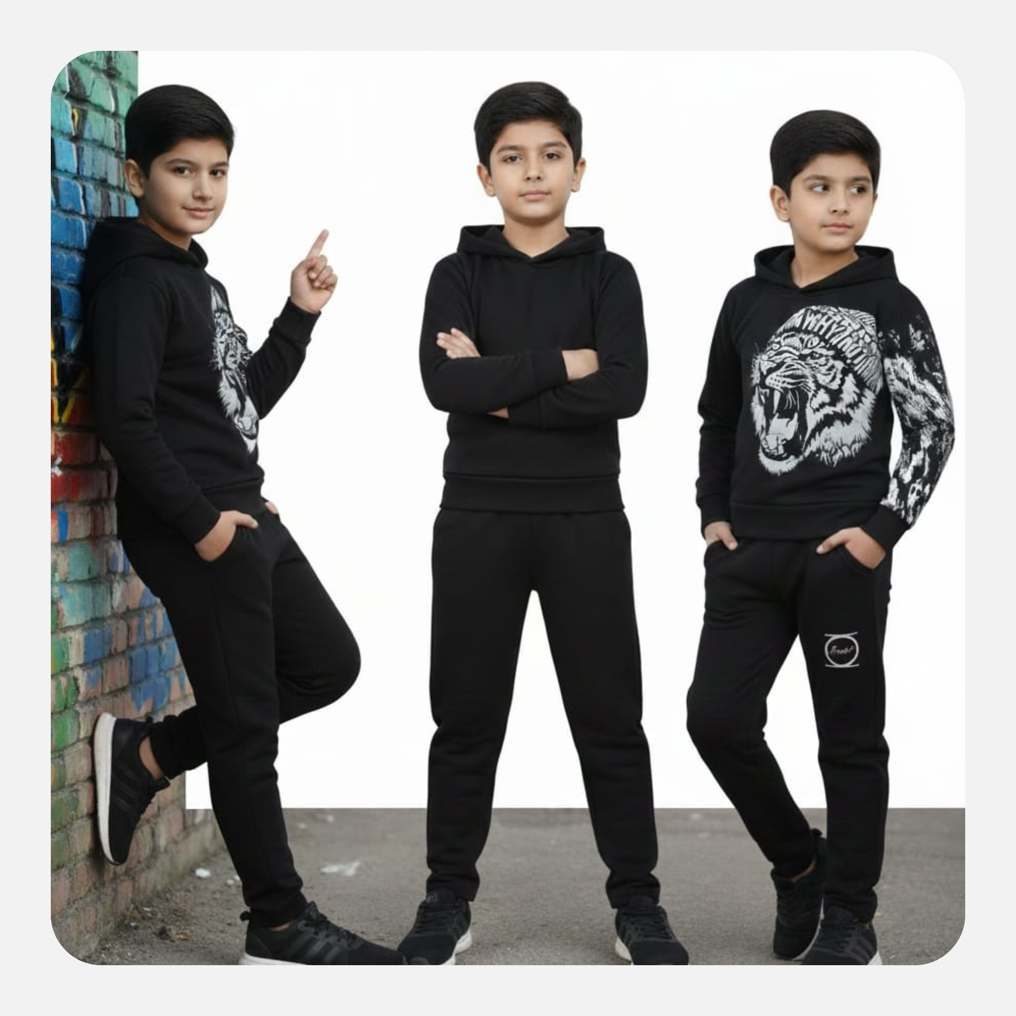 wholesale boys' black cotton tracksuit – tiger print hoodie and joggers set for bulk buyers