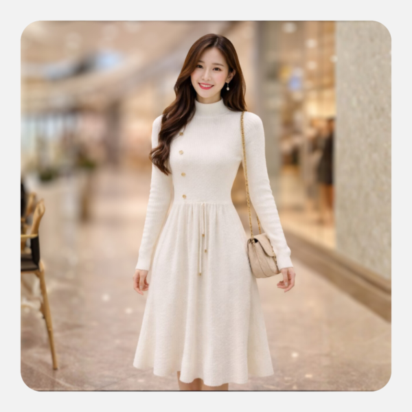 wholesale women’s white knit dress – elegant mock neck long sleeve sweater dress (bulk supply)