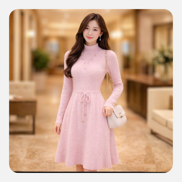 wholesale women’s pink knit dress – elegant mock neck long sleeve sweater dress (bulk supply)