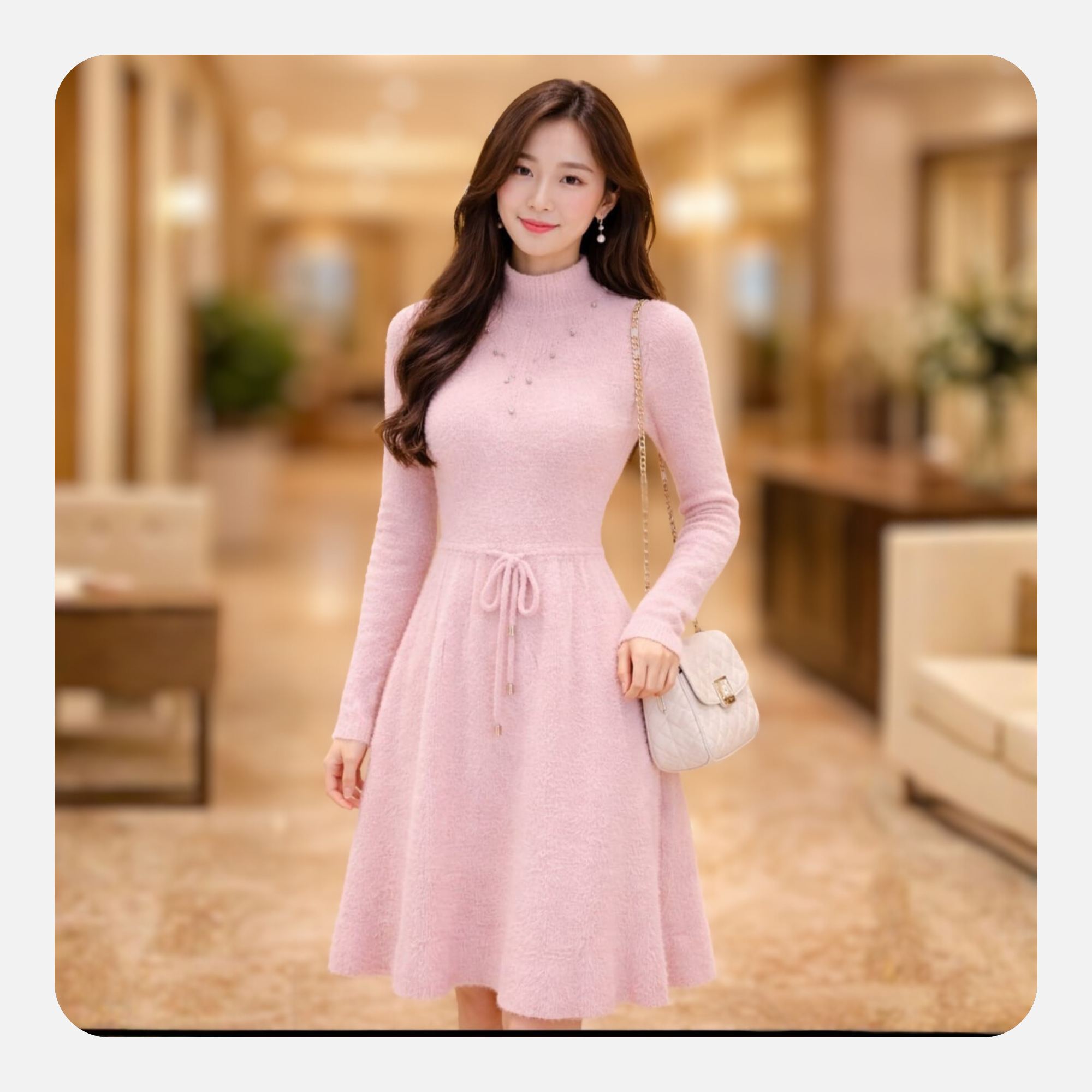 wholesale women’s pink knit dress – elegant mock neck long sleeve sweater dress (bulk supply)