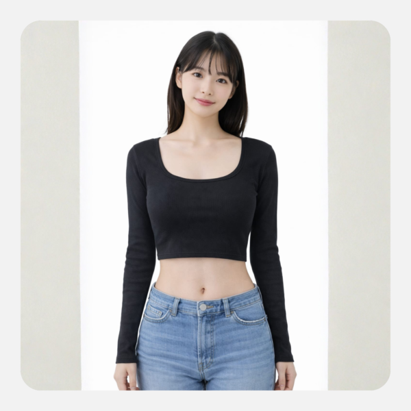 wholesale women’s black ribbed crop top – long sleeve slim fit scoop neck tee (bulk supply)