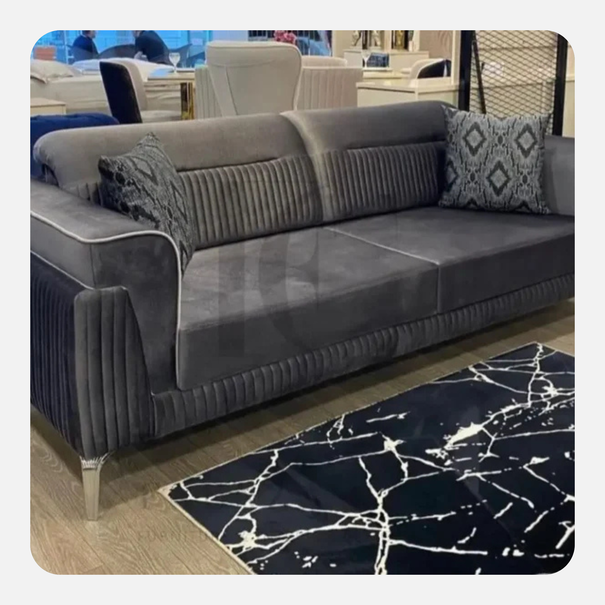 modern grey upholstered sofa with cushioned seating