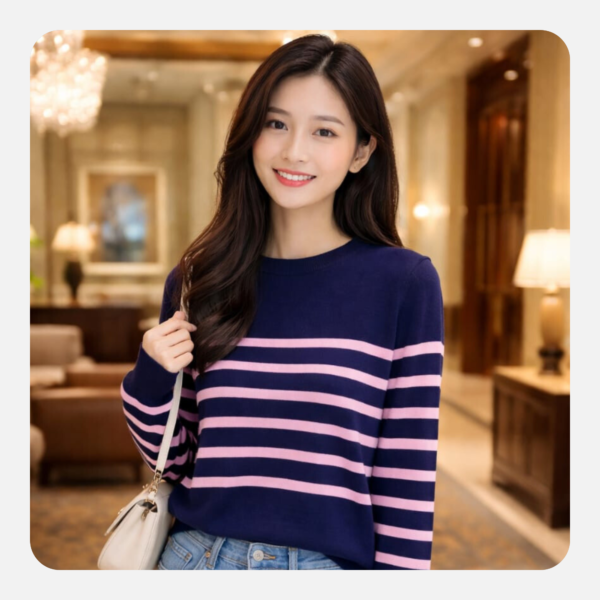 wholesale women’s striped knit sweater – navy blue and pink long sleeve pullover (bulk supply)