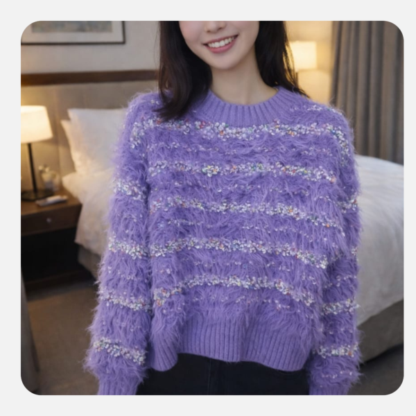 wholesale women’s purple shaggy sweater – sparkle sequin knit pullover (bulk supply)